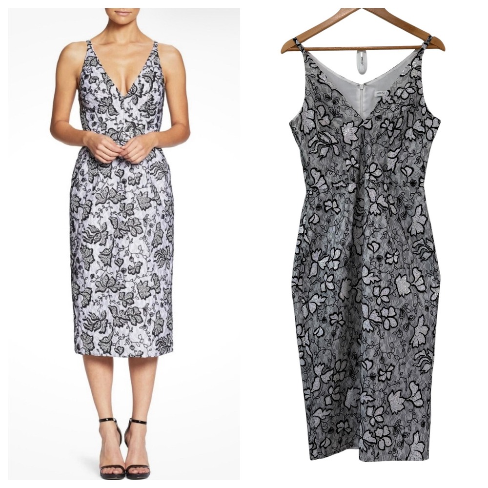 Dress The Population Nadia Plunge‎ Leaf Sequin Sleeveless Dress Sz M Black White